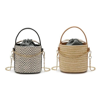 

2pcs Women Straw Handbag Tote Summer Holiday Woven Bucket Bag Leisure Chain Shoulder Bag Crossbody Bag - Khaki & Black
