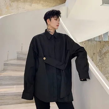 

Men Long Sleeve Button Design Loose Casual Shirt Male Vintage Fashion Streetwear Hip Hop Party Dress Shirt Stage Clothing