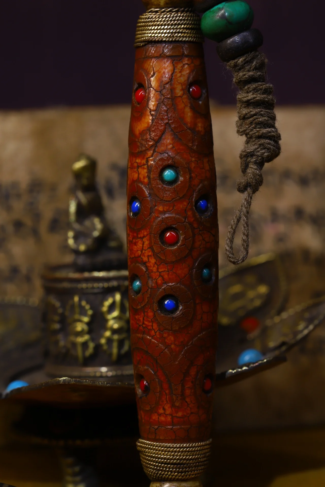 

5"Tibetan Temple Collection Old Natural agate Filigree mosaic Gem Red Dzi Bead Nine Eyes Pendant amulet Town House Exorcism