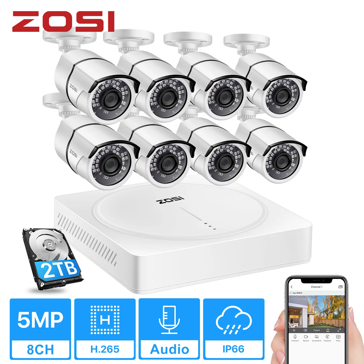 ZOSI 8CH HD 5.0MP H.265+ Security Camera System with 8 x 5MP 2560*1920 Outdoor/ Indoor CCTV Surveillance Camera 2TB Hard Drive