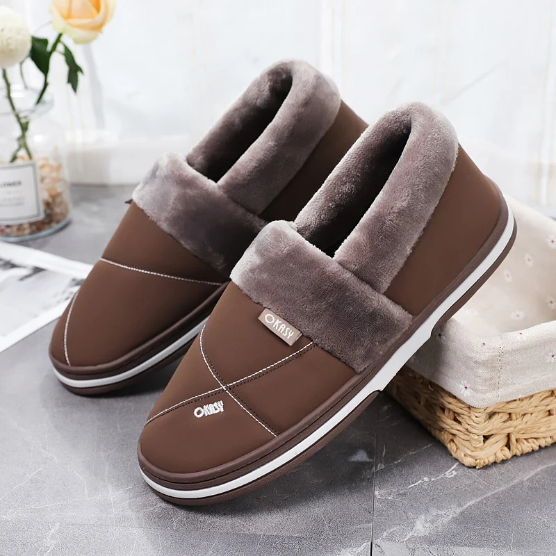 Зимние теплые мужские тапочки; нескользящие деревянные тапочки для мужчин; Мягкие плюшевые домашние тапочки; коричневые мужские домашние тапочки из искусственной кожи на плоской подошве