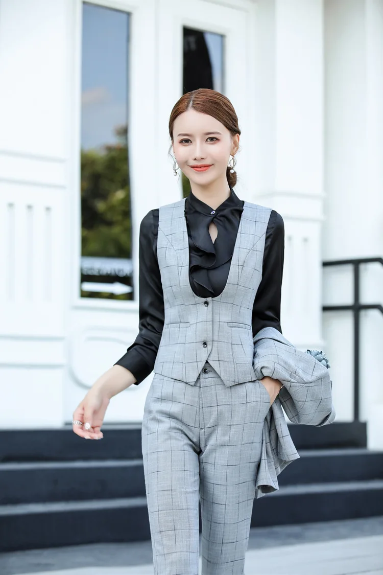 gray vest and pant IZICFLY, высокое качество, стиль, летние серые клетчатые деловые костюмы с жилетом для женщин, формальные деловые офисные комплекты жилетов с юбкой для работы - Цвет: gray vest and pant