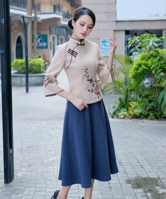 Sheng Coco Woolen Chinese Blouse Coat LadiesTraditional Chinese Shirts Embroidery Blouses Woolen Suit Classic Blue Suit - Цвет: apricot suit