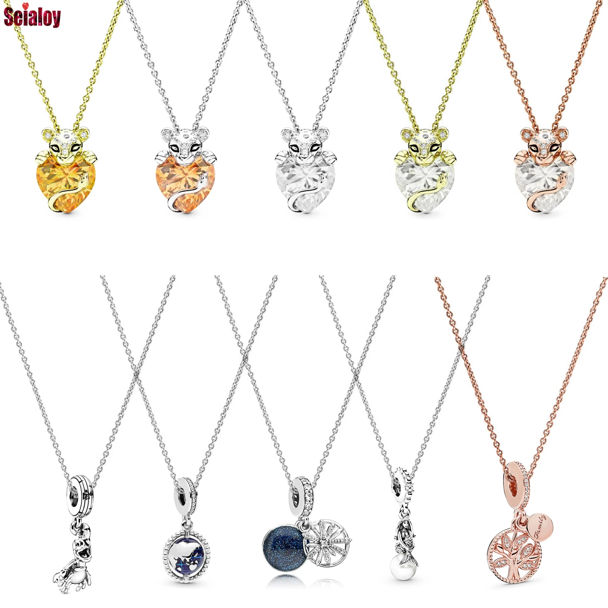 

SEIALOY Princess Lion Pendant Necklace For Women Couple Original Pearl Mermaid Heart Crystal Charm Kids Necklaces Boy Girls Gift
