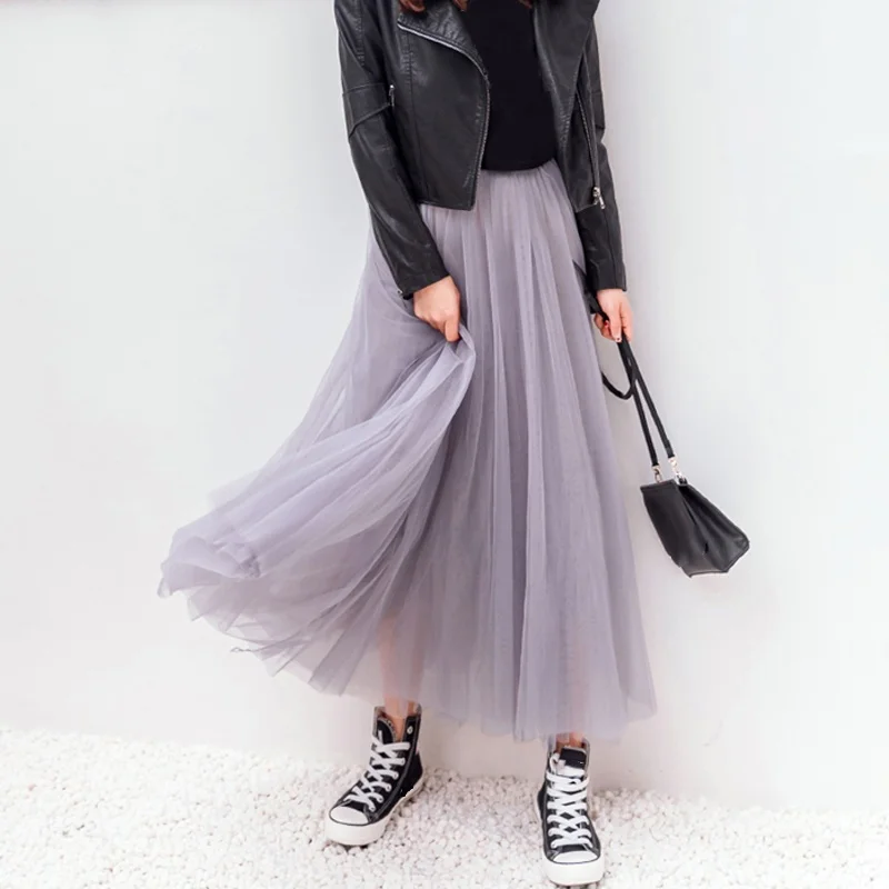 

Spring Summer 2020 New Vintage Skirts Women High Waist Elastic Mesh Gauze Long Skirt Pleated Skirt Female Jupe Longue
