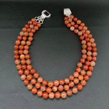 

N012804 18'' 3 Rows Natural Round Red Carnelian Necklace Cz Clasp