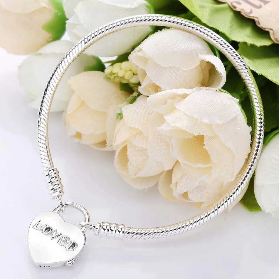 

925 Sterling Silver Bracelet Moments Smooth Loved Heart Padlock Clasp Bracelet Bangle Fit Bead Charm Diy Fine Jewelry