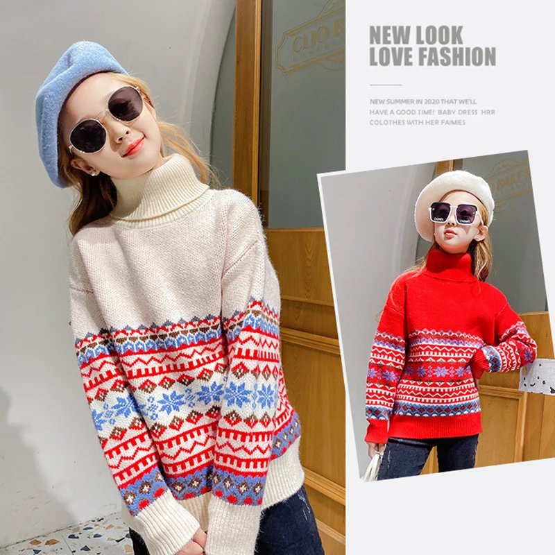 

Girls Christmas Sweater 2020 Autumn Winter Kids Pullover Girls Undershirt Knitwear Thicken Warm Tops Children's Knitted Sweater