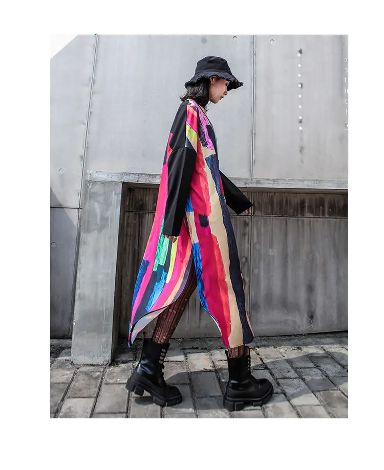 XITAO лоскутное платье миди с асимметричным принтом женская одежда модное корейское элегантное платье с карманом черное платье пуловер осень WQR1769