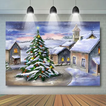 

Winter Town Backdrop Christmas tree Houses Backdrops White cloud Snowfield Evening Photography Background For Photo Studio
