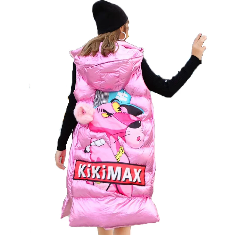 Beste Zilver Vrouwen Gewatteerd Jas 2019 Winter Vrouwen Pink Panther Vest Parka Jas Vrouwen Mouwloze Katoen Gewatteerde Jas Hooded ZQY1992