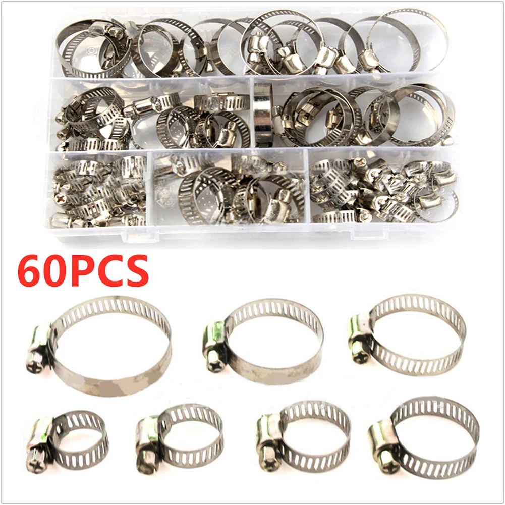 

60 PCS/Box Stainless Steel Rustproof Corrosion Resistant Hoop Tools Clip Fixed Hose Clamp Multi Size Fastener Assortment Durable