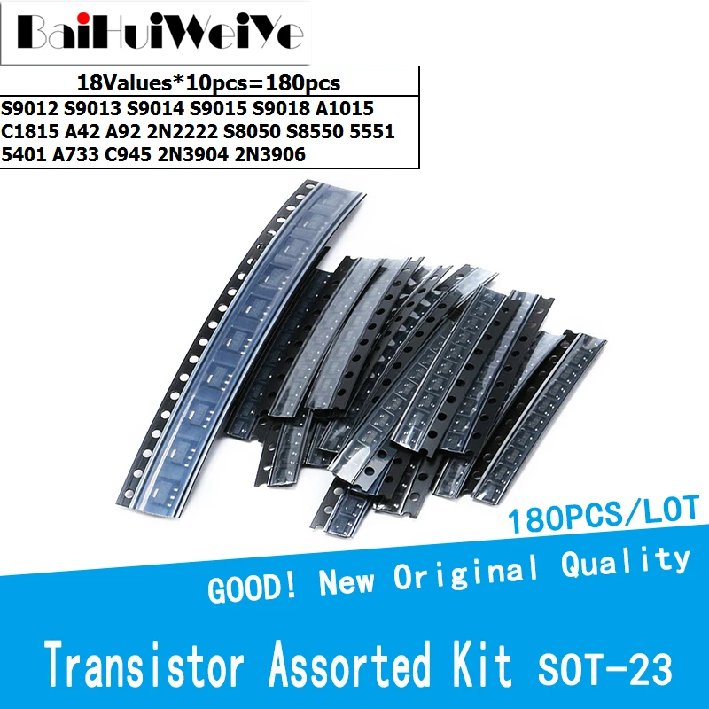 SMD Transistor Kit SOT23 18Values S9013 S9014 S9015 S9018 A1015 C1815 A42 A92 2N2222 S8050 S8550 MMBT3904 MMBT3906 180Pcs/lot