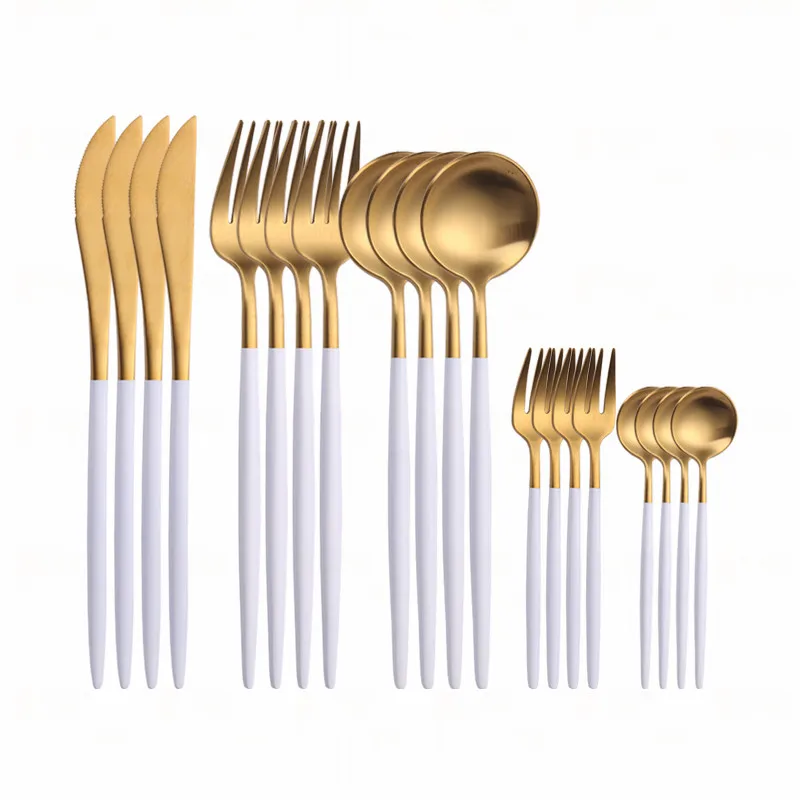 

18/10 Stainless Steel Cutlery Sets Matte Polish White Gold Color Tableware Set Dinner Knife Salad Fork Tea Spoon Dinnerware Sets