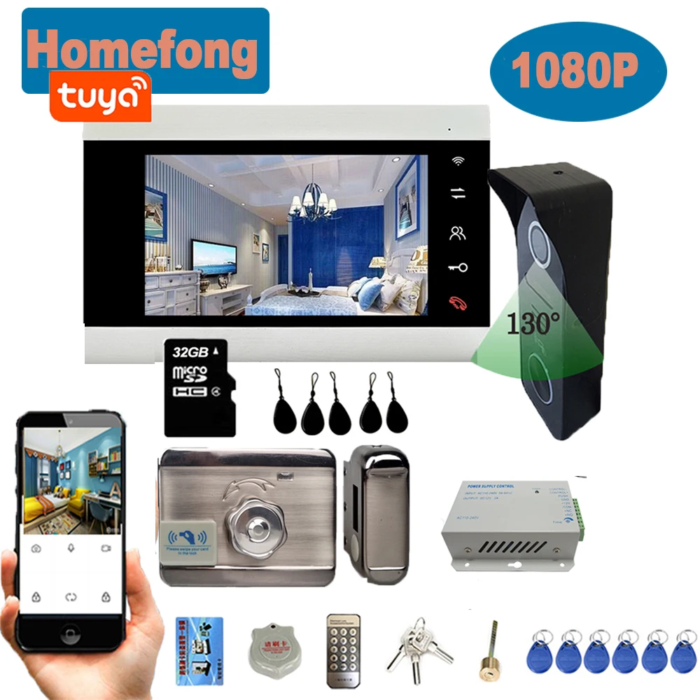 Homefong 7 Inch Tuya Smart Wireless WiFi IP Video Door Phone Intercom System 1080P with Electronic Lock Mobile RFID Unlock Talk |