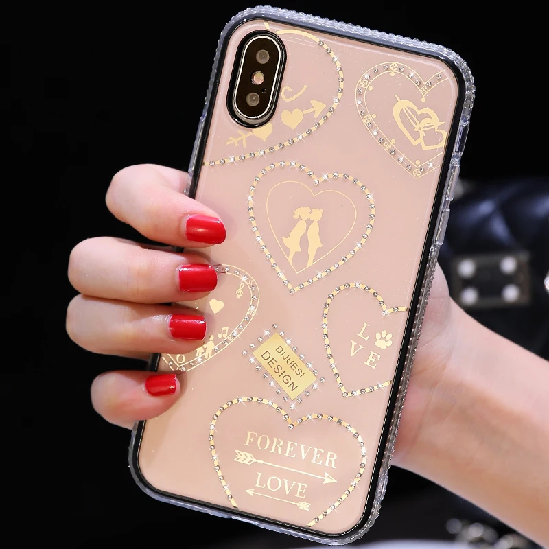 For iPhone 11 Pro Max X XR XS 6s 7 8 Plus Case Luxury Shiny Rhinestone Love Heart Girly Samsung Note 10 Cover |