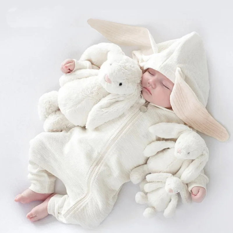 Детский комбинезон с заячьими ушками; однотонная одежда с длинными рукавами для маленьких девочек; повседневные Комбинезоны на молнии с капюшоном для новорожденных мальчиков; костюм для младенцев