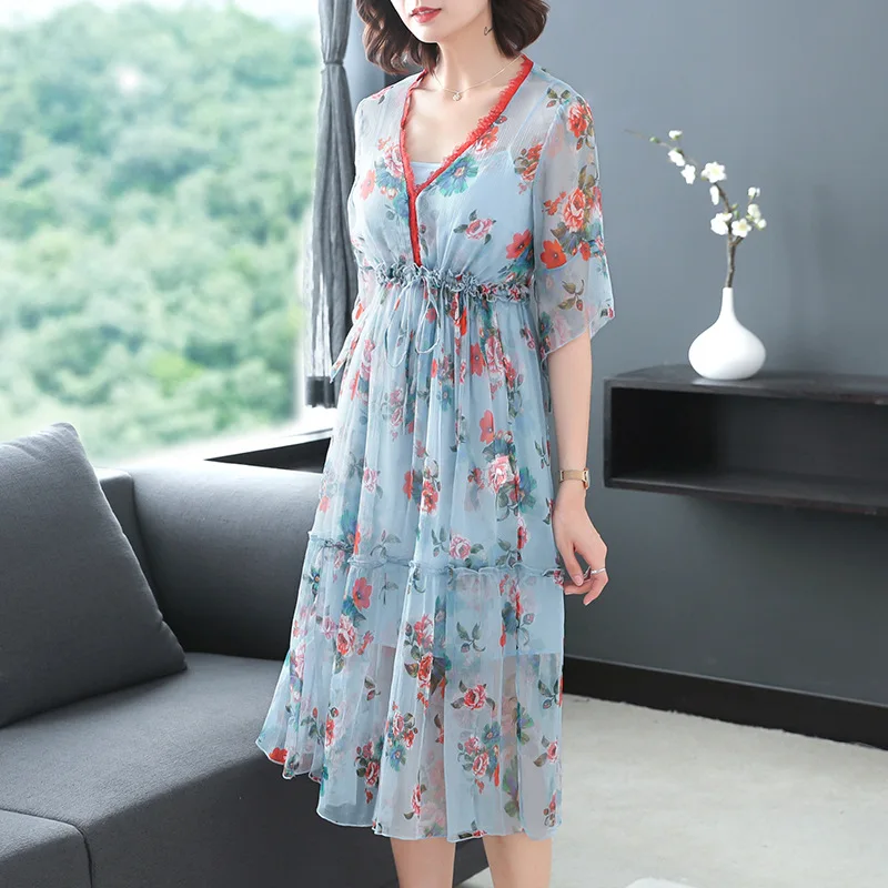 

Fashion V-neck Vacation Style Floral Skirt Women's Summer 2019 New Style Mid-length Slim Fit Elegant Silk Dress