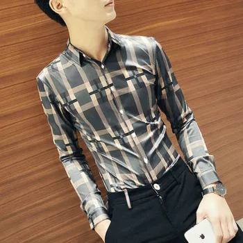 

2020 Fashion Men's Plaid Shirts Casual Slim Long Sleeve Shirts Men Dress Formal Business Streetwear Social Shirt Chemise Homme