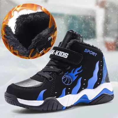Модная повседневная обувь для мальчиков; сезон весна-зима; детская спортивная баскетбольная обувь; кожаная спортивная теплая обувь для мальчиков; размеры 28-39 - Цвет: Blue shoes 2