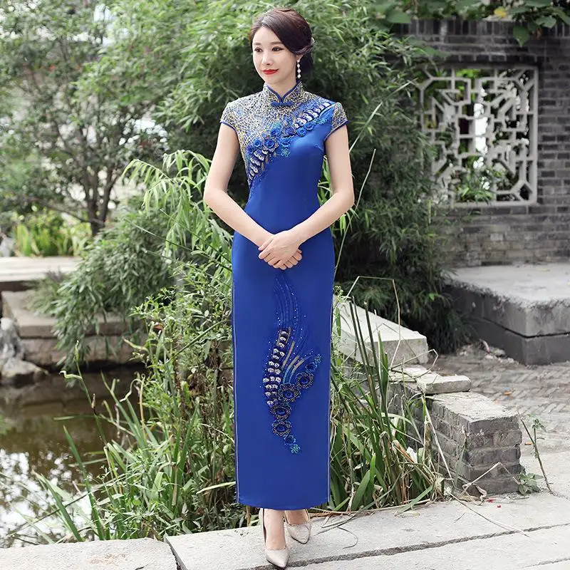 Традиционное китайское женское вечернее платье Cheongsam элегантное тонкое Цветочное платье винтажное высококачественное атласное платье Qipao Vestidos 4XL - Цвет: Blue