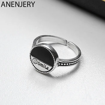 

ANENJERY Round Smiling Face 925 Sterling Thai Silver Ring Drop Glaze Open Ring For Women Jewelry Christmas Gift S-R506