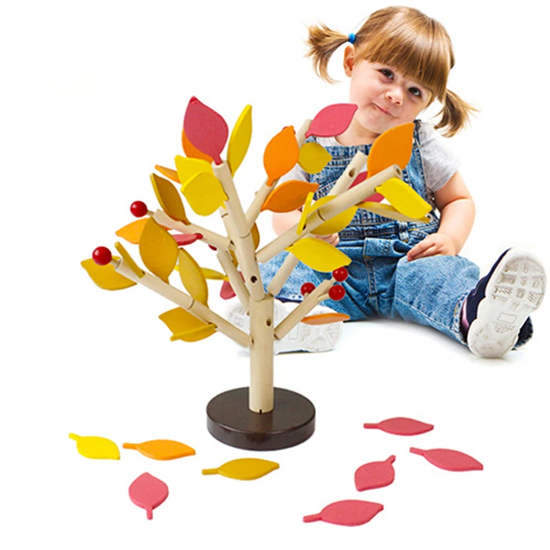Детские деревянные игрушки DIY Красочные разборки лист Дерево блоки игры Пазлы для детей раннего образования ресурс Монтессори игрушки - Цвет: Цвет: желтый