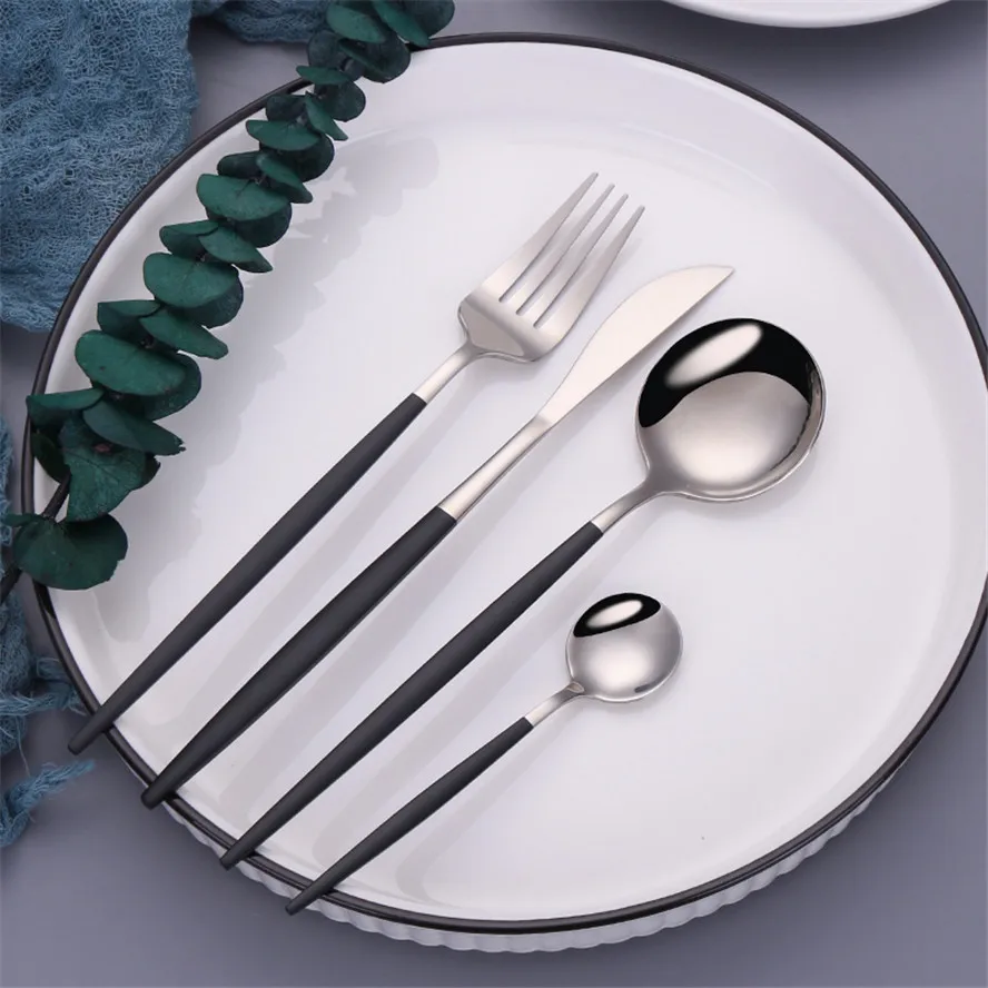 Black Silver Fork Spoon Knife Stainless Steel Cutlery Set Silverware Tableware Chopsticks Dinnerware IceTea Spoon Flatware Set cutlery set stainless steel cutlery set