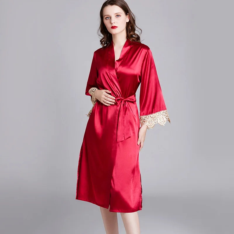 

Yao ting Pajamas Women's Spring And Summer Silk Long Sleeve Women's Robes Women's Mid-length Morning Gowns Bride Gown Bathrobe T