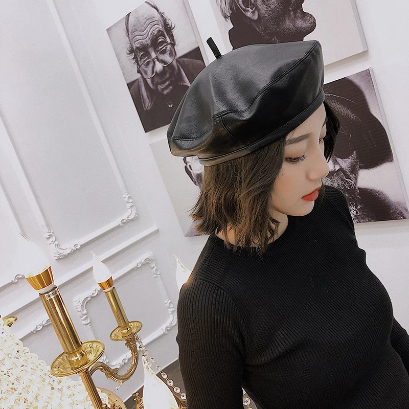 Women Casual PU Leather Beret Hat 