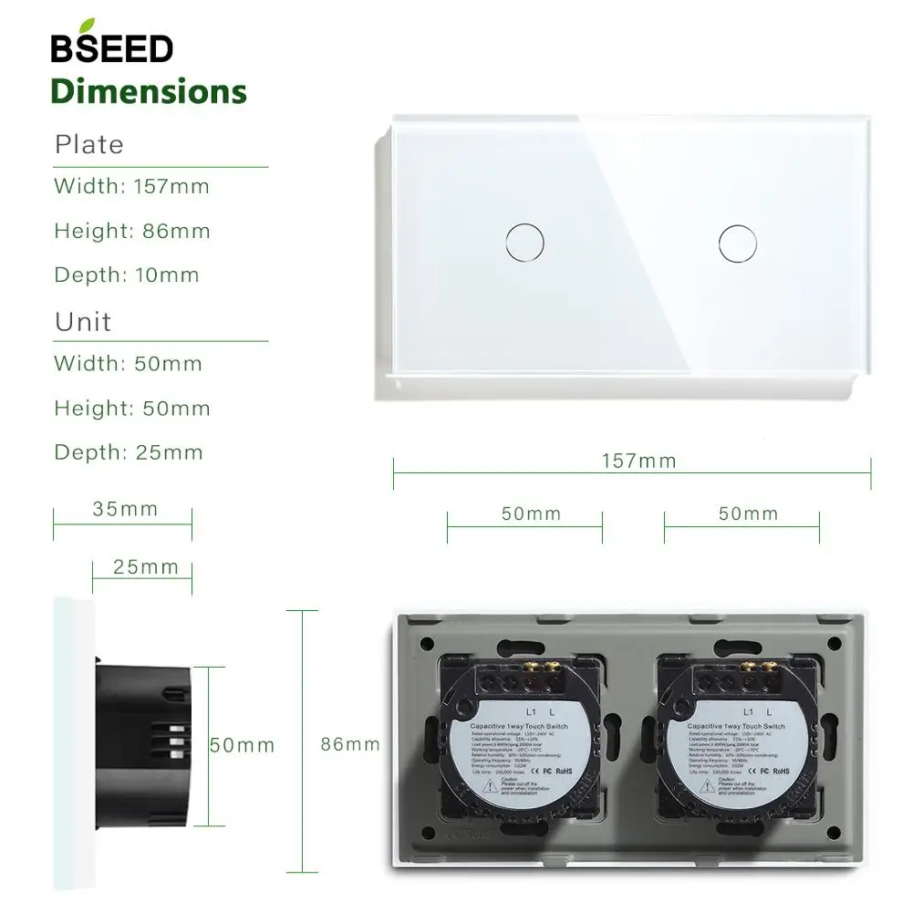 Bseed 2 банды 1 способ 2 способ сенсорный выключатель 157 мм светильник Переключатель белый черный золотой кристалл класса переключатель панели