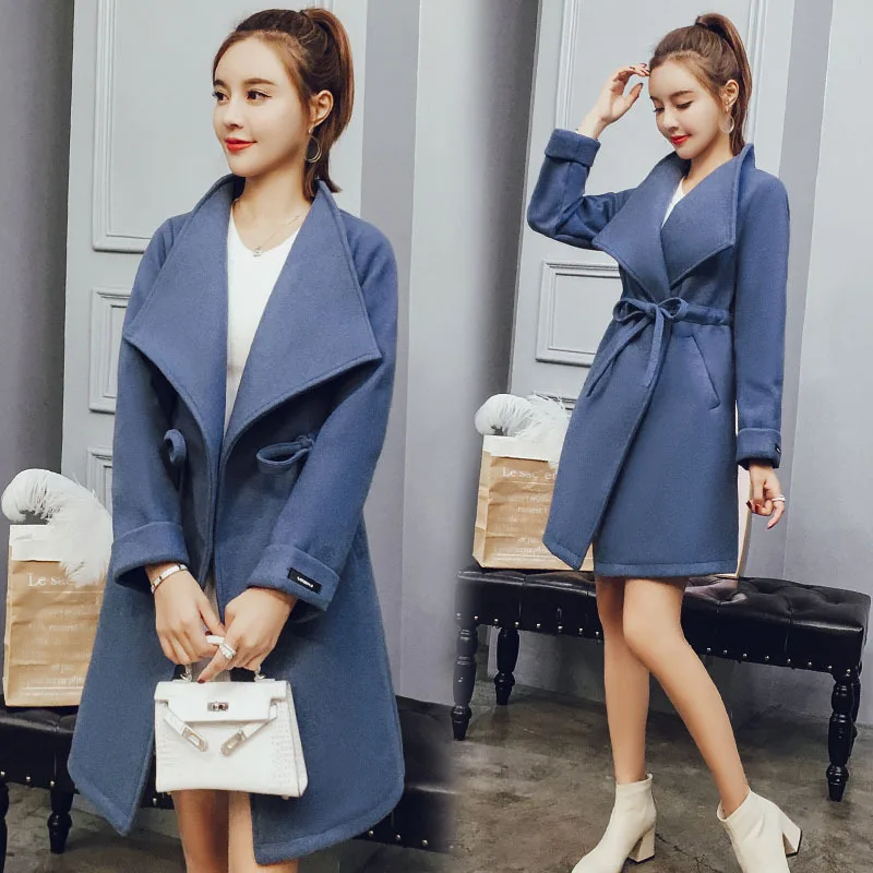 

Sweet Elegant Woolen Jacket Women's Mid-length 2018 Korean-style New Style Waist Hugging Lace-up Large Size Woolen Overcoat