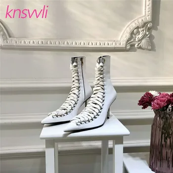 

New Runway Ankle Boots Women Pointed Toe Cross Lace Up Party Shoes Woman Metal Thin High Heel Short Boots Woman Zapatos De Mujer