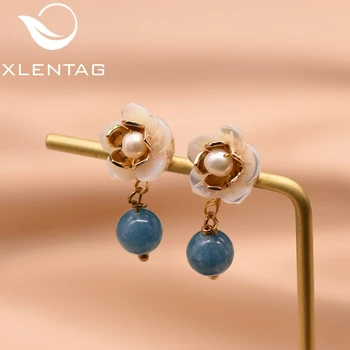 

XlentAg Natural Fresh Water Pearl Natural Blue Stone Drop Earring For Women Girls Wedding Shell Flower Vintage Jewelry GE0003