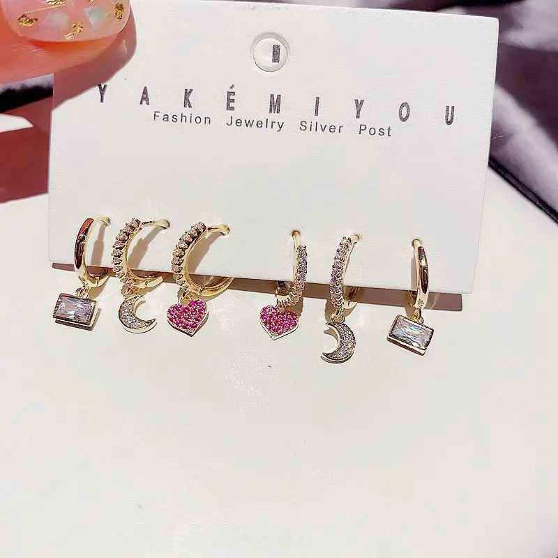 New Korean Style Inlaid With Shining Square Zircon Moon Earrings Heart Drop Earrings Set 6Pcs Romantic Women Exquisite Jewelry