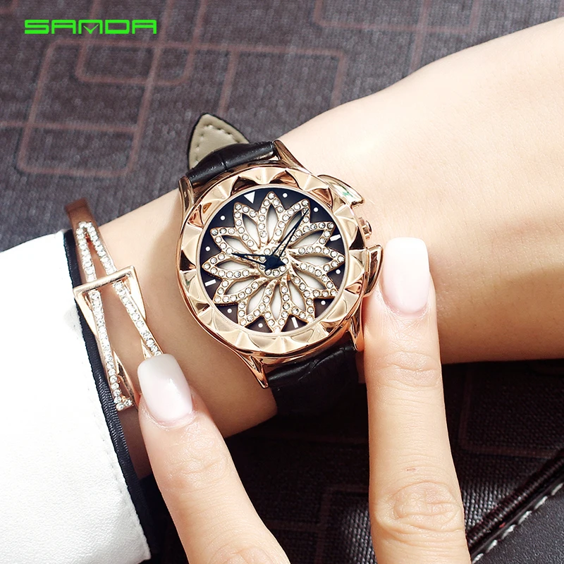 

SANDA Luxe Creatieve Draai Dial Watch Vrouwen Mode Diamond Gouden Dames Horloges Vrouwelijke Lederen Horloges Reloj Mujer P211