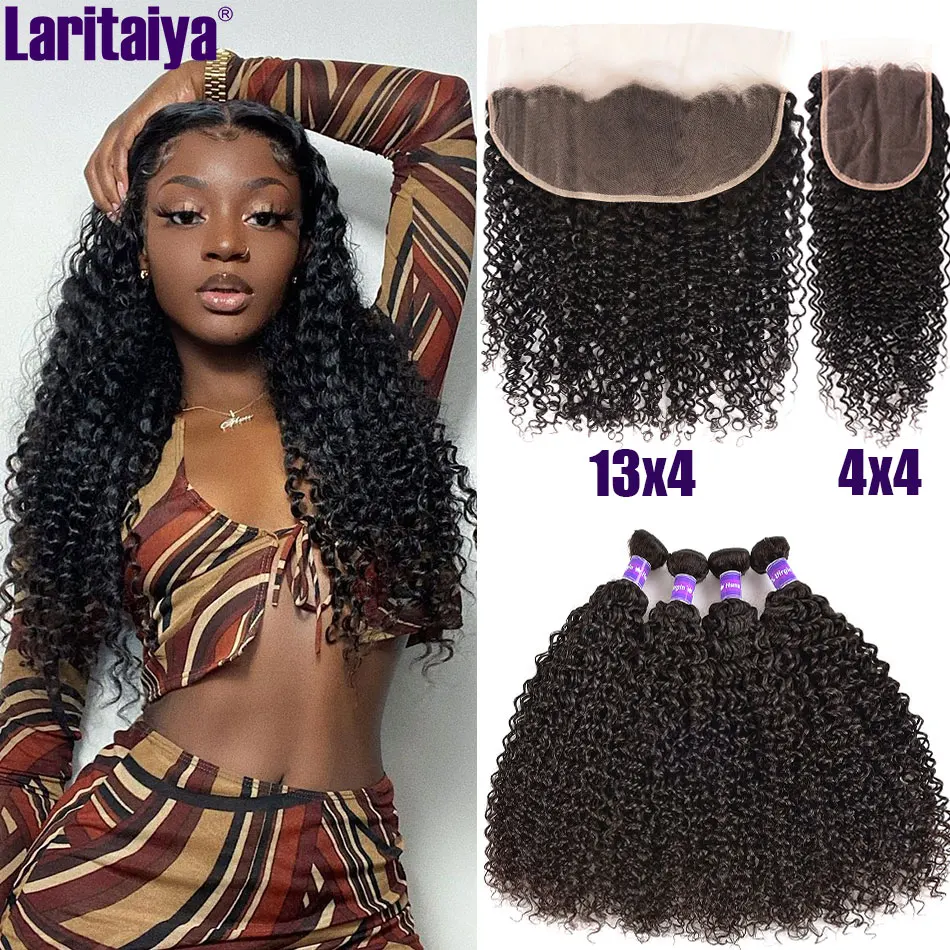 Peruvian Kinky Curly Hair Bundles With Frontal Curly Human Hair Bundles With Closure Transparent Lace Frontal With Bundles