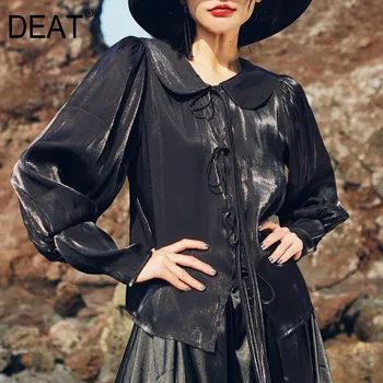 

DEAT Solid Color Lace Doll Collar Lanterns Silky Loose Woman Shirt Simple Sweet Personality Fashion 2020 spring New TV067