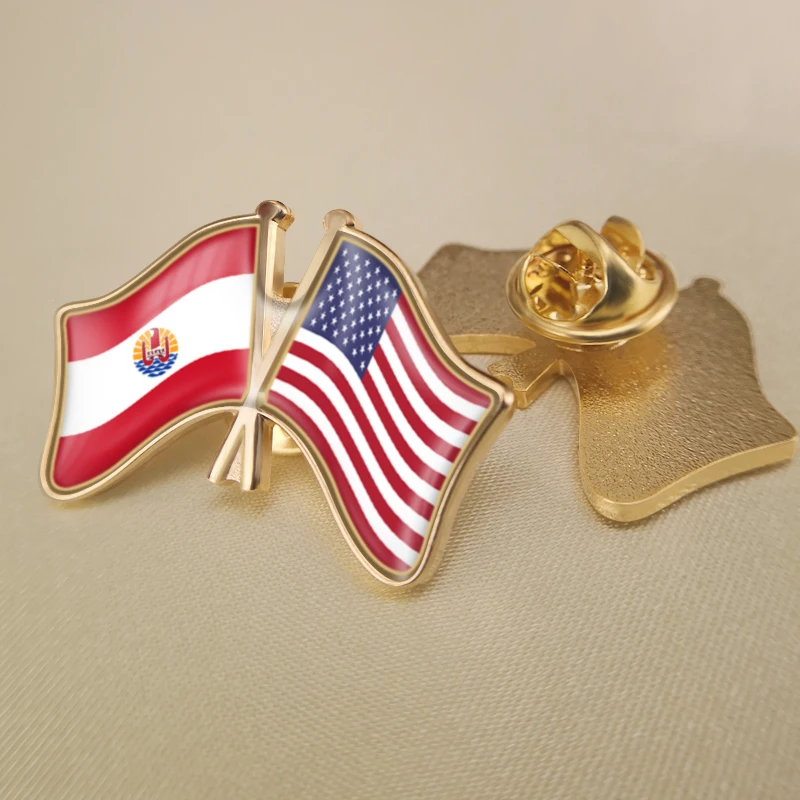 

French Polynesia and United States Crossed Double Friendship Flags Lapel Pins Brooch Badges