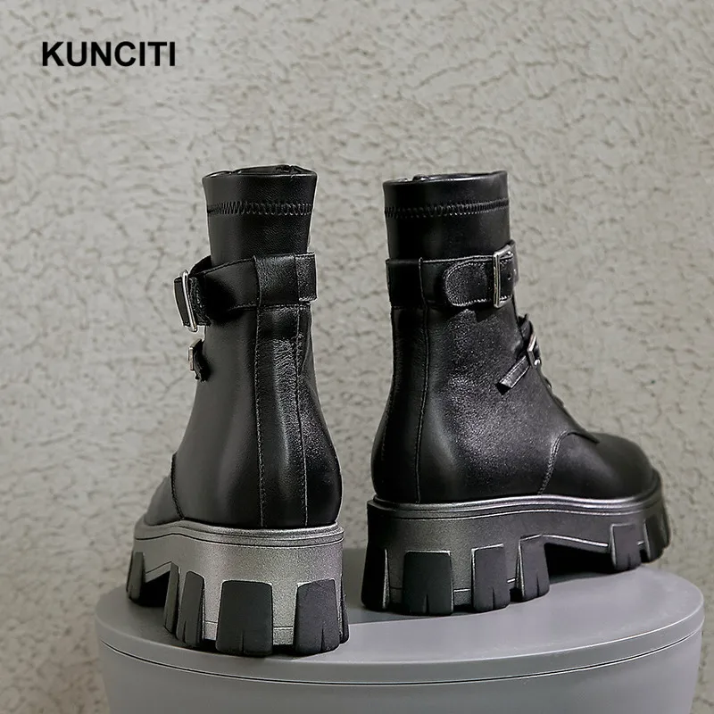 KUNCITI/; ботинки на толстой подошве; женские ботильоны на среднем каблуке с круглым носком; короткие ботиночки на молнии; Весенняя Повседневная обувь; цвет белый, черный; D9126