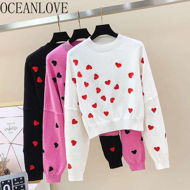 OCEANLOVE Knitted Korean Fashion Pink Pull Femme Print Heart Autumn Winter Clothes 2020 Embroidery Short Sueter Mujer 12827 | Женская