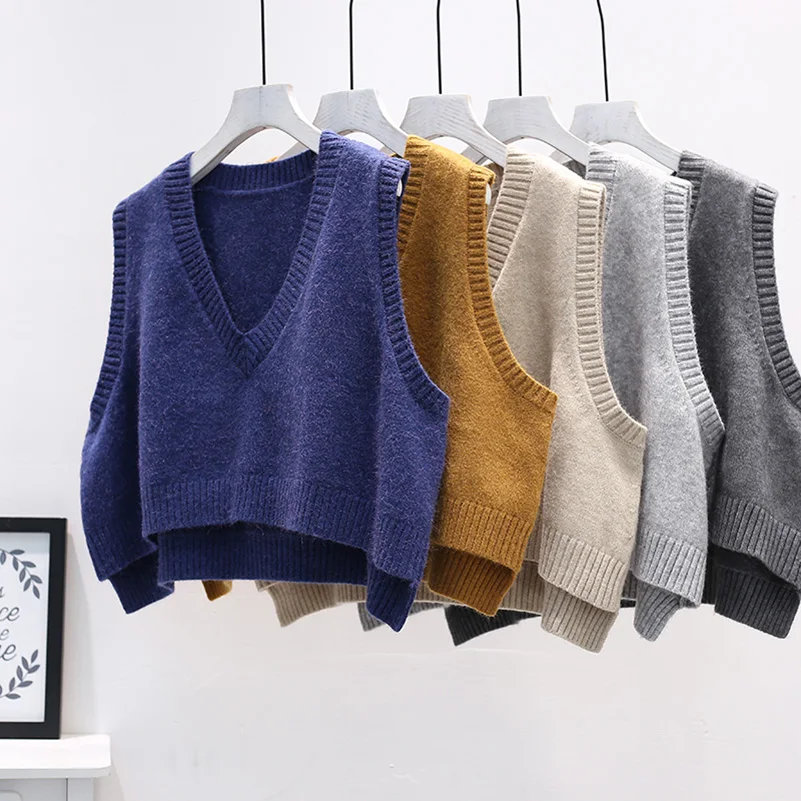 

2019 New V Neck Short Solid Knit Vest For Women Fashion Pullover Ladies Vest Good Quality 5 Colors Stylish Slim Women Vest Coat