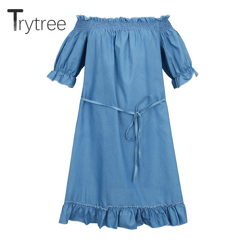 Trytree, весеннее женское платье, повседневное, с вырезом лодочкой, с пышными рукавами, половина рукава, одноцветное, синее, свободный пояс, с оборками, модное мини платье