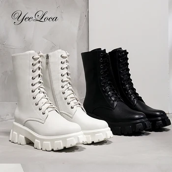 

Autumn Winter Warm Platform Boots Women Ankle White Boots Real Leather Thick Sole High Heel Shoes LaceUp Zip Combat Boot Punk