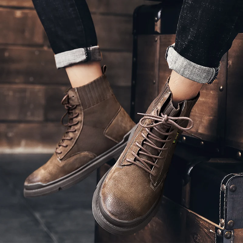 Высокие хлопковые ботинки; удобная повседневная мужская обувь; высококачественные мужские ботинки фирменного дизайна; модные мужские кожаные туфли на шнуровке