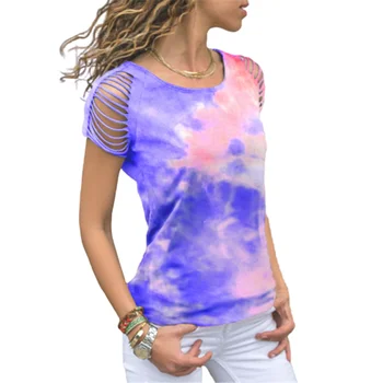 

New Designer Women Tie-dyed Print Short T-Shirts Summer Casual Hallow Out Sleeved Slim Tshirt O-Neck 2020 Large Size Women Tops