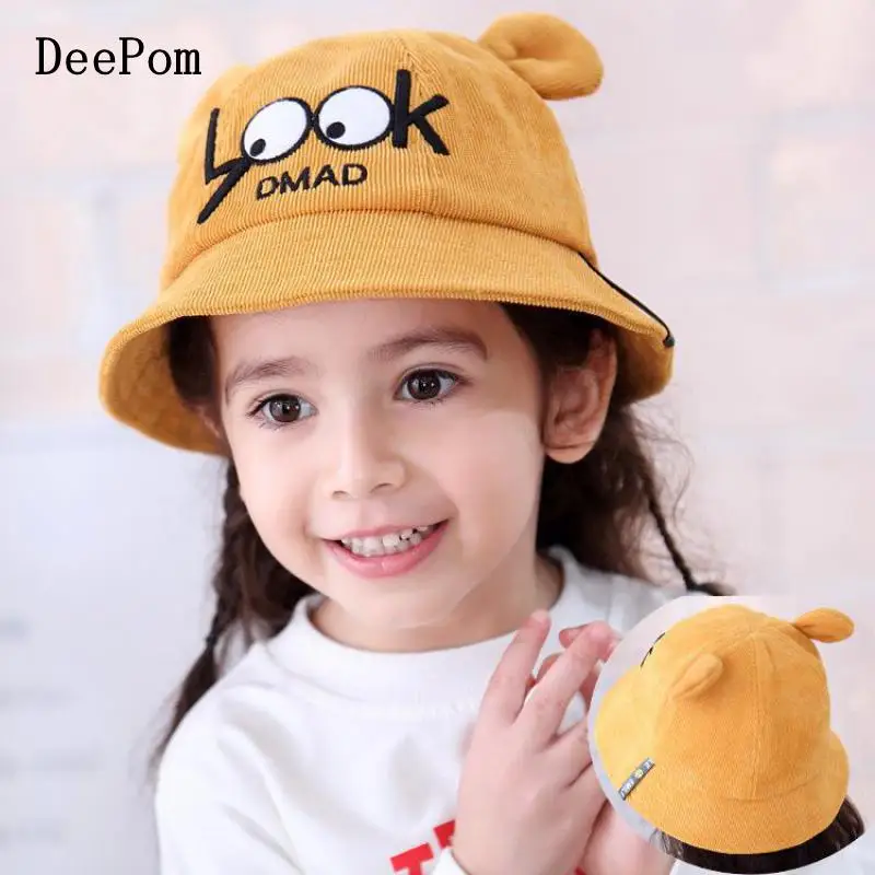 

DeePom Kids Bucket Hats For Children Girls Boys Cute Ears Bucket Hat Outdoor Travel Hat Embroidery Cartoon Yellow Hat Style