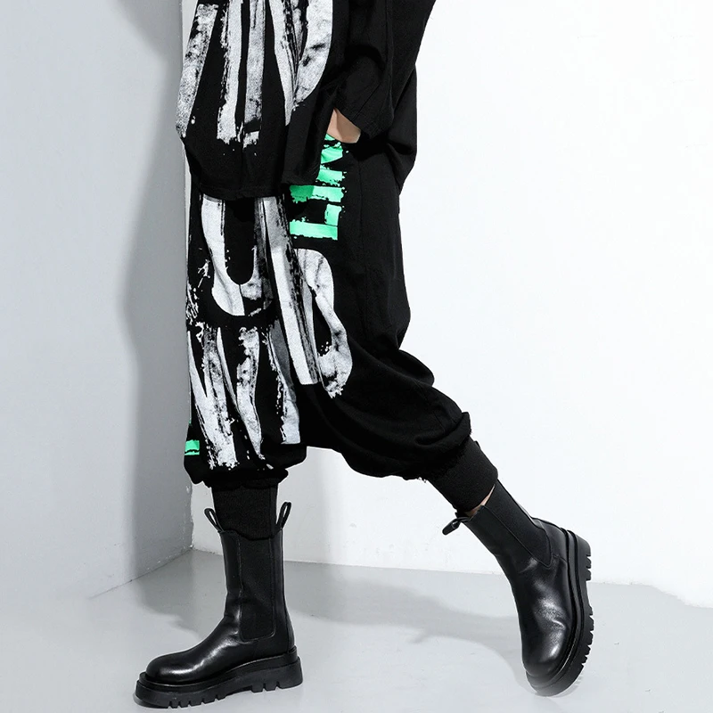 [EAM] High Elastic Waist Black Letter Printed Long Harem Trousers New Loose Fit Pants Women Fashion Spring Autumn 2020 1DA126