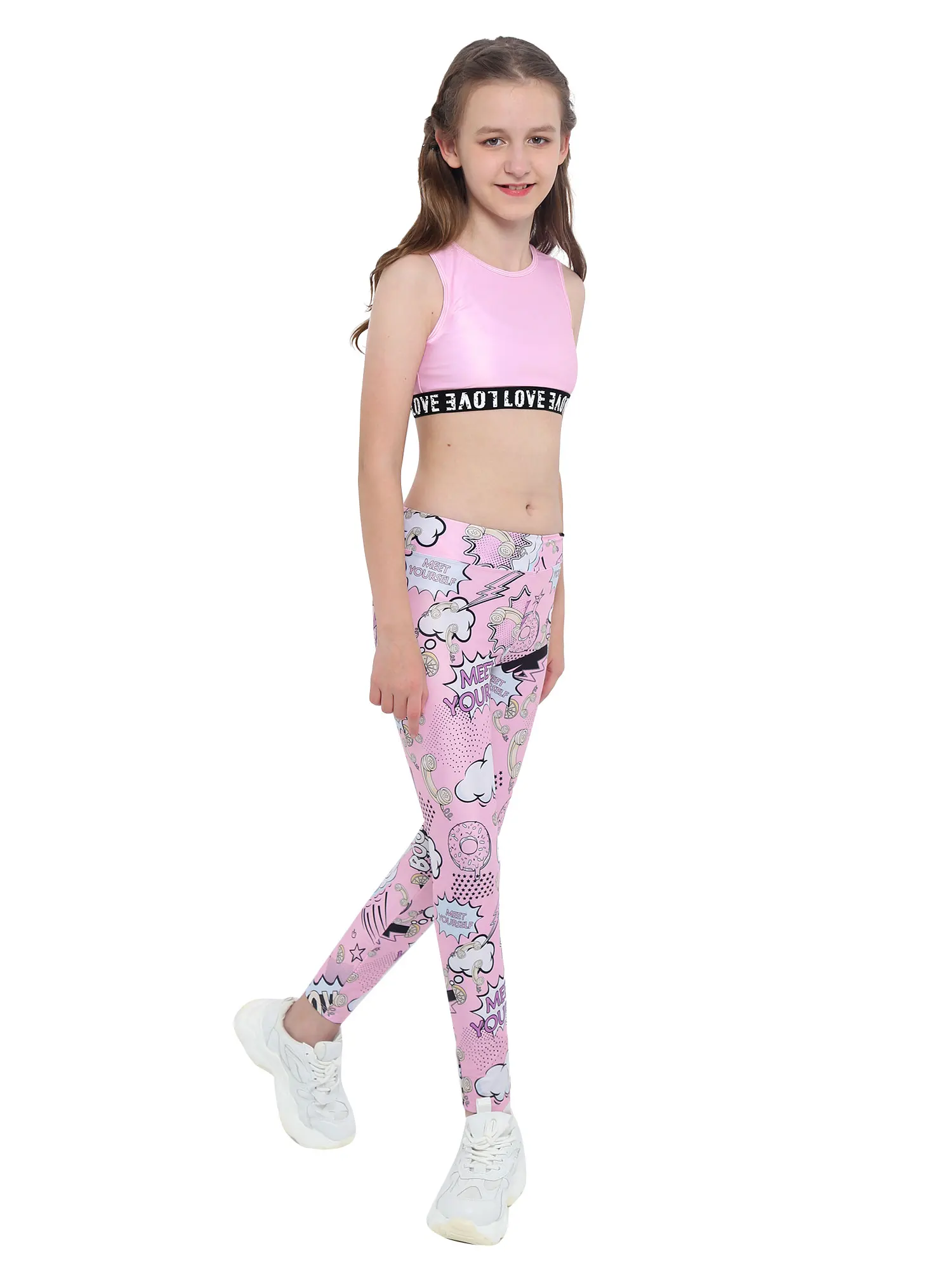 Summer 2Pcs Kids Girls Sport Suit Round Neck Sleeveless Letters Print Hem  Tank Top And Leggings Gym Yoga Fitness Sets