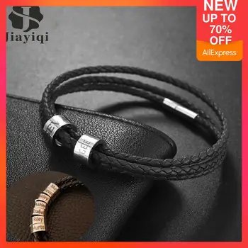 

Jiayiqi Stainless Steel Custom Bracelet Men's Leather Personalized Custom Name Woven Bracelet 1-3 Names DIY Men's Best Gifts